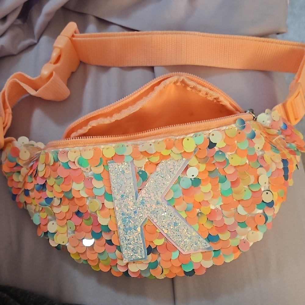 Kids Sequin Fanny Pack with Glitter Letter K - Peach Multicolor